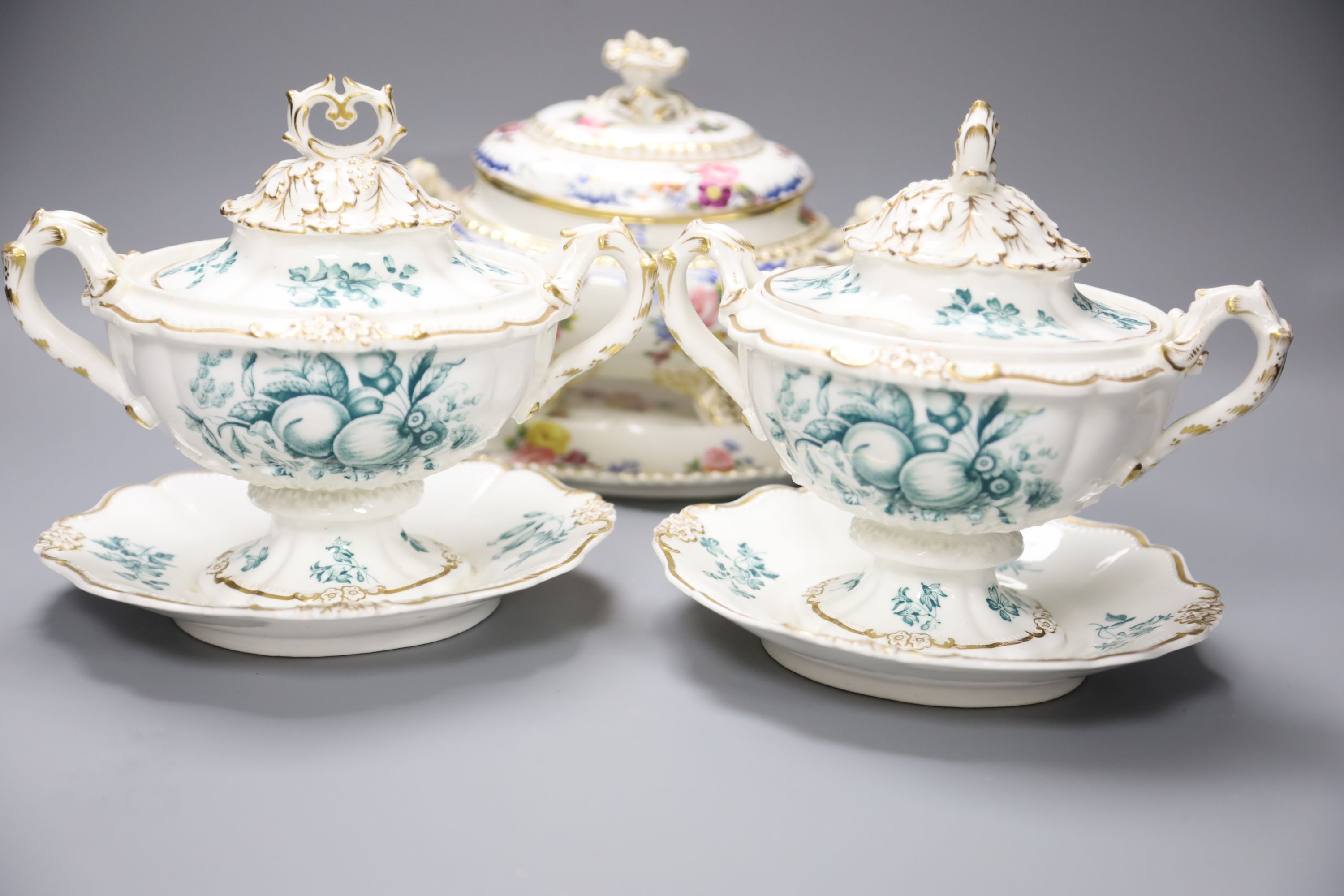 A pair of Ridgway porcelain tureens and integral stands and tureen cover and stand, height 18cm, a Royal Copenhagen figure and a Rosent